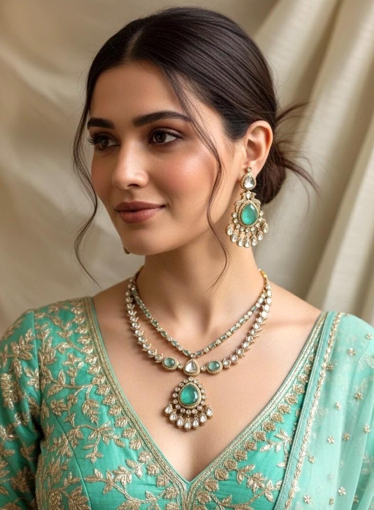 TARINI cz polki necklace set in Mint colour ,Indian Pakistani doublet stone mint green colour kundan wedding bridal jewelery