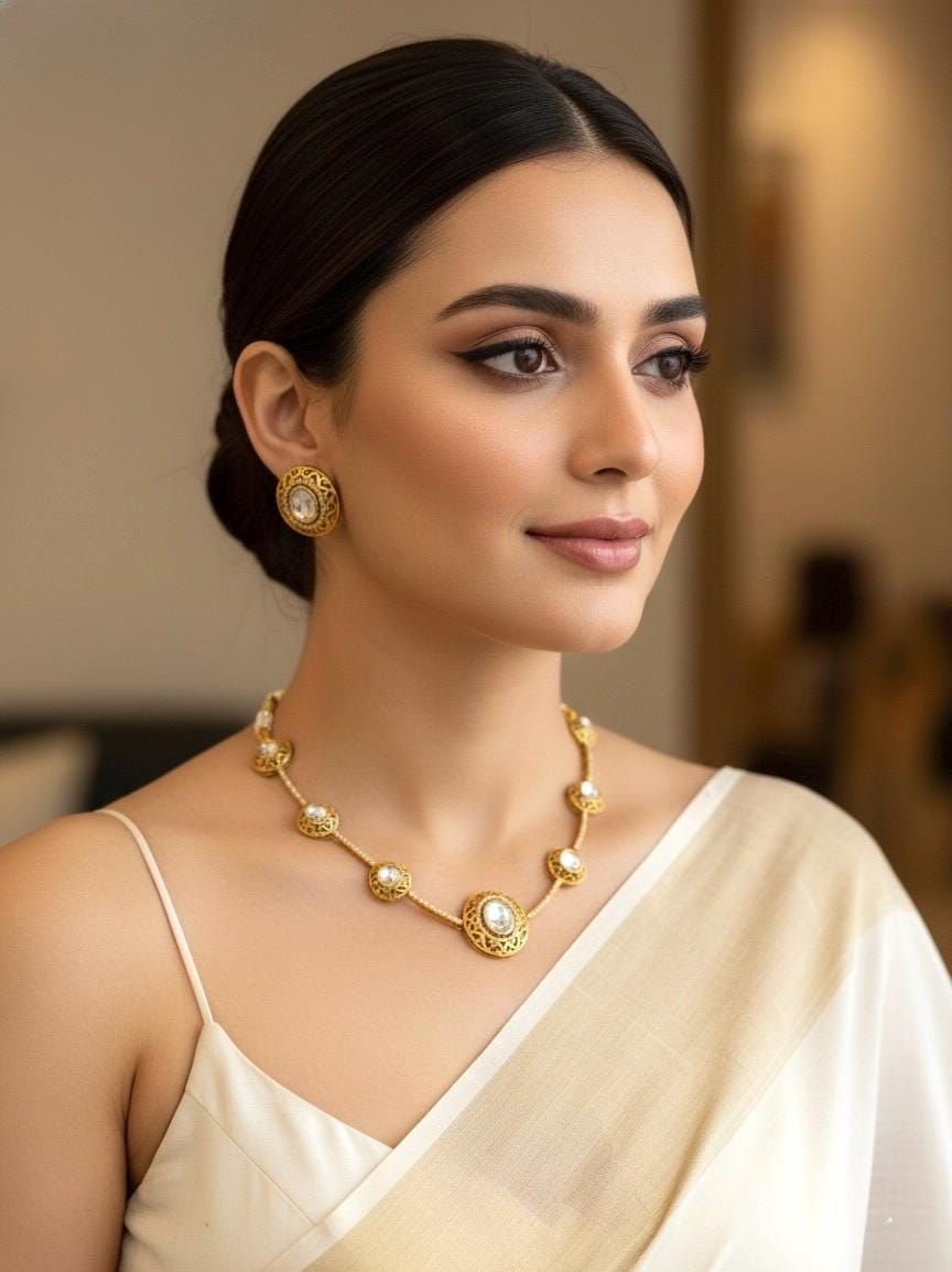 KYNA clear stones kundan lightweight necklace with studs, Matt gold finish Indian ethnic jewelry