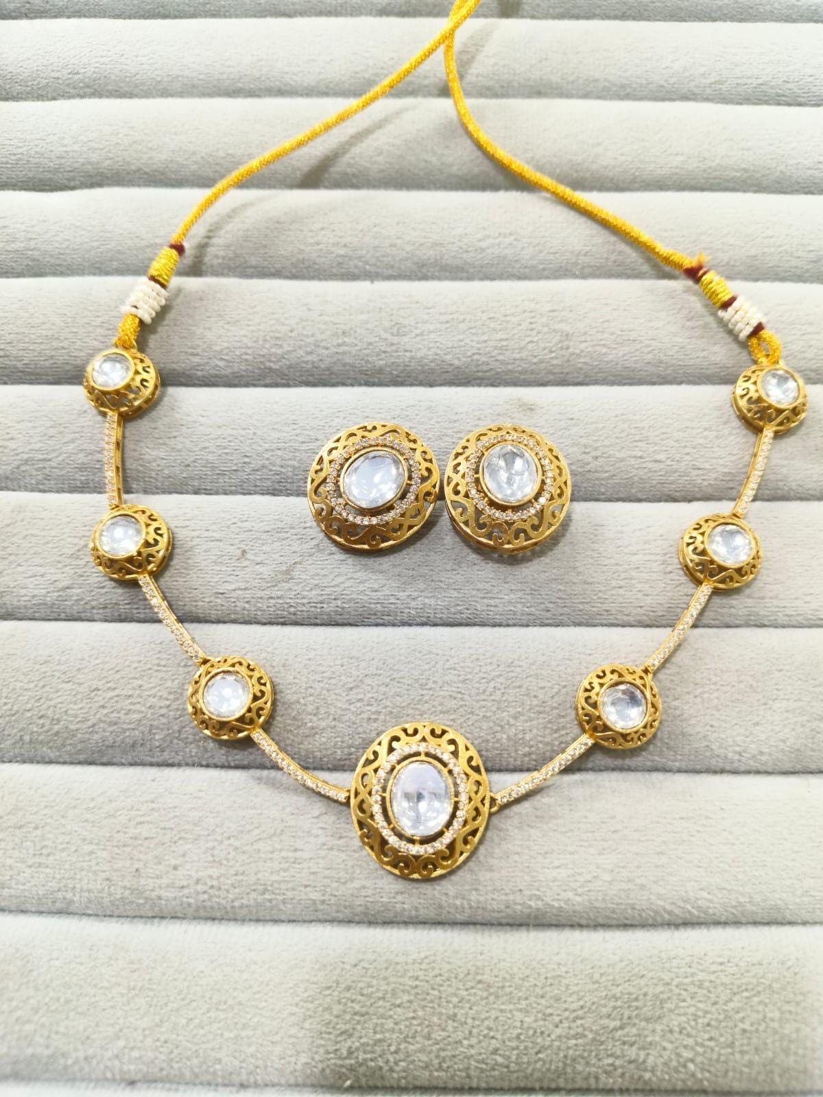 KYNA clear stones kundan lightweight necklace with studs, Matt gold finish Indian ethnic jewelry