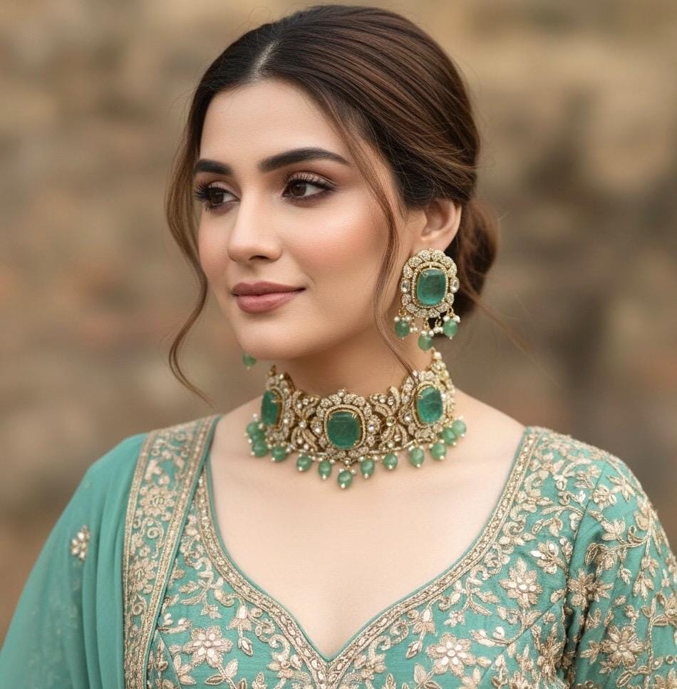 MAISHA mint green kundan cz choker necklace set in doublet stone,  Indian  pakistani bridal jewelry, moissanite jewelry in mint green colour