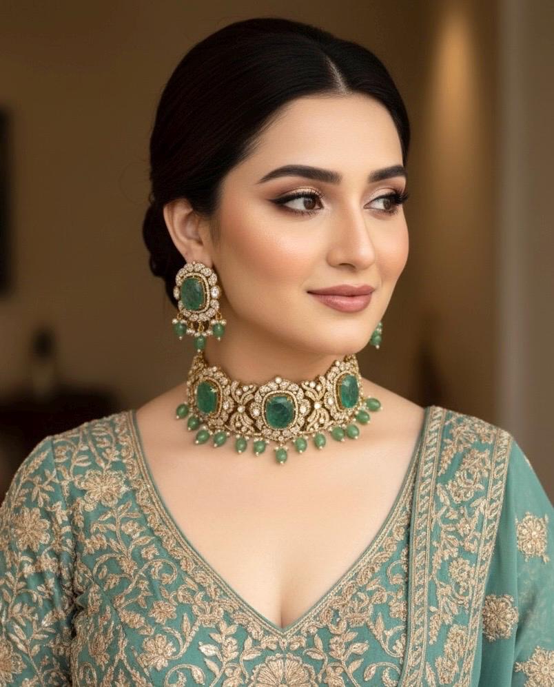 MAISHA mint green kundan cz choker necklace set in doublet stone,  Indian  pakistani bridal jewelry, moissanite jewelry in mint green colour