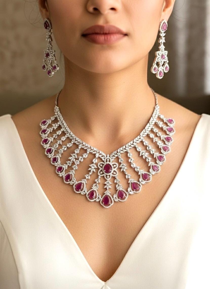 KASHIKA Ruby stones necklace earrings in American Diamond, high quality cz zircon jewelry,prom,gala dinner ruby colour jewellery set