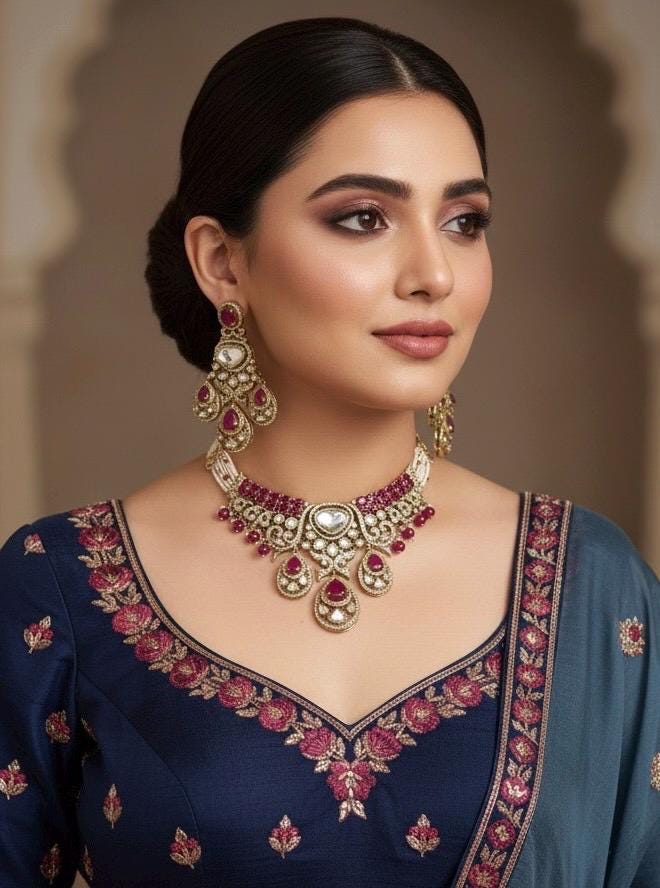 SITARA Ruby colour Premium quality Moissanite and kundan Necklace set, Indian Pakistani wedding bridal jewelry, uncut polki festive jewelry