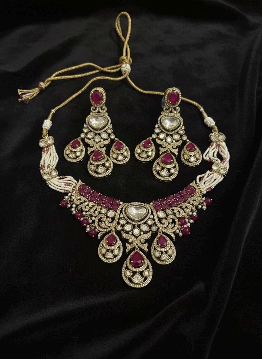 SITARA Ruby colour Premium quality Moissanite and kundan Necklace set, Indian Pakistani wedding bridal jewelry, uncut polki festive jewelry