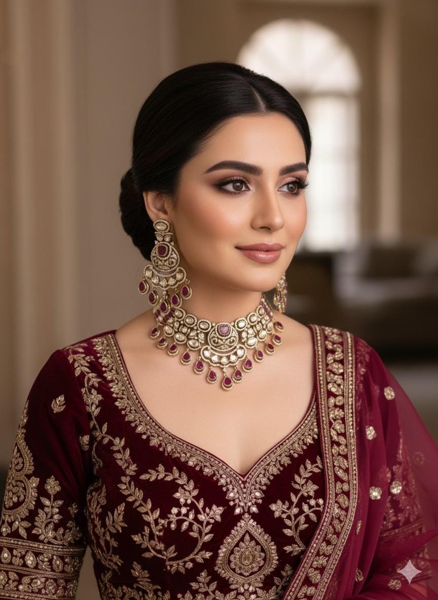 KASHMIRA Ruby colour Premium quality Moissanite and kundan Necklace set, Indian Pakistani wedding bridal jewelry,uncut polki festive jewelry