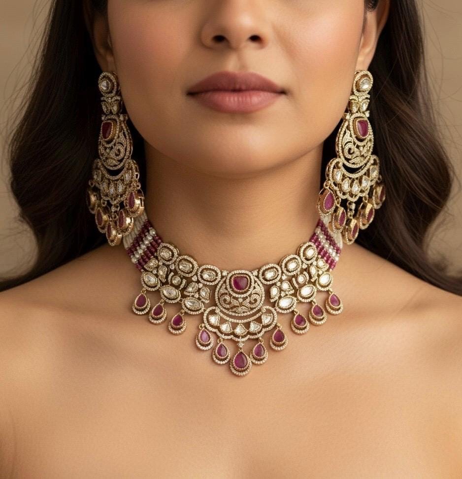 KASHMIRA Ruby colour Premium quality Moissanite and kundan Necklace set, Indian Pakistani wedding bridal jewelry,uncut polki festive jewelry