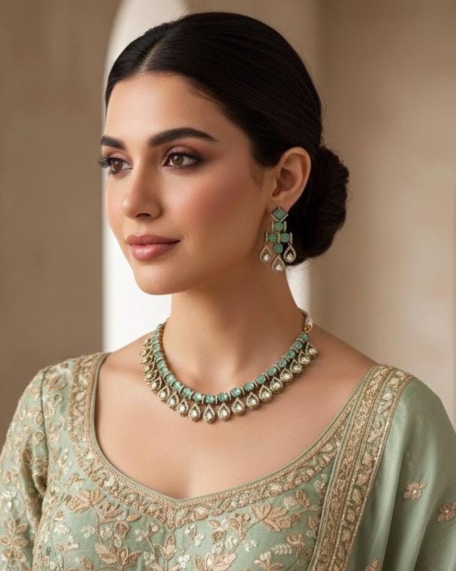 KALA High quality Mint necklace set in Polki diamond ,cz Kundan Necklace and earrings ,Indian Pakistani bridal jewelry