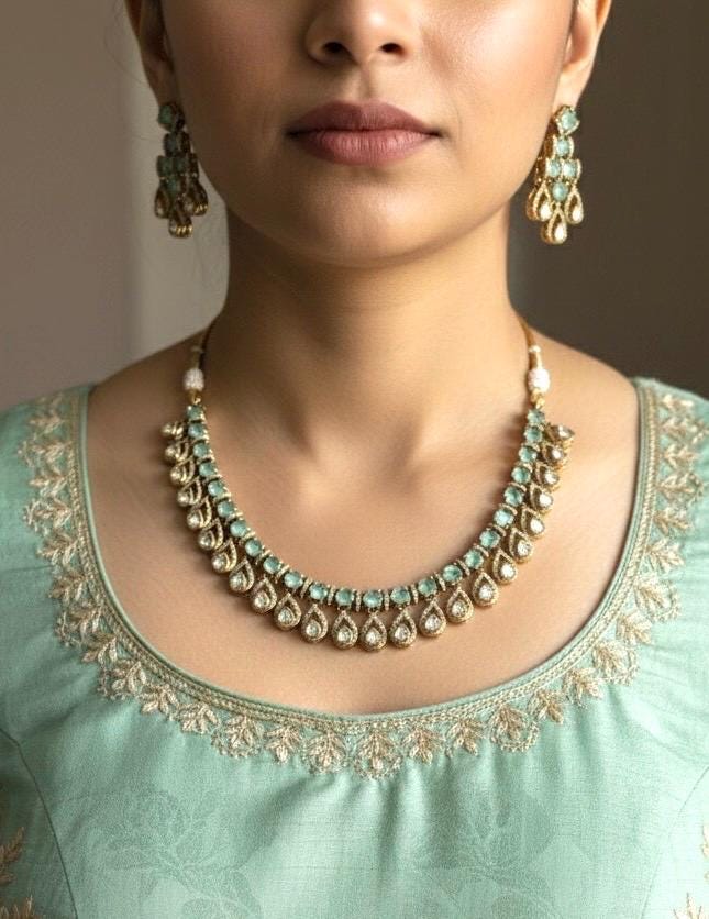 KALA High quality Mint necklace set in Polki diamond ,cz Kundan Necklace and earrings ,Indian Pakistani bridal jewelry