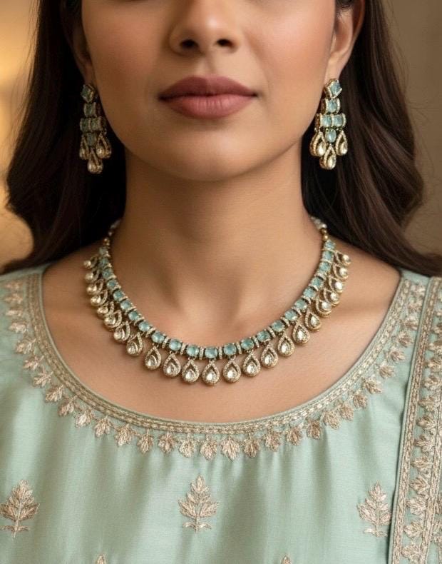 KALA High quality Mint necklace set in Polki diamond ,cz Kundan Necklace and earrings ,Indian Pakistani bridal jewelry