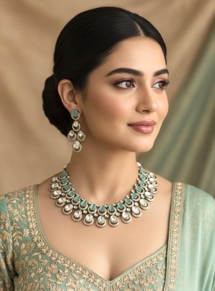 MUGDHA Mint colour Premium quality Moissanite and kundan Necklace set ,indian Pakistani wedding jewelry, Victorian style mint green jewelry