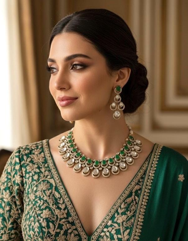 MUGDHA Emerald green Premium quality Moissanite and kundan Necklace set ,indian Pakistani wedding jewelry, Victorian style  green jewelry