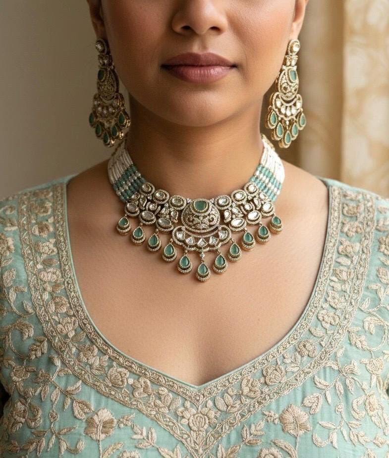 KASHMIRA mint colour Premium quality Moissanite and kundan Necklace set, Indian Pakistani wedding bridal jewelry,uncut polki festive jewelry
