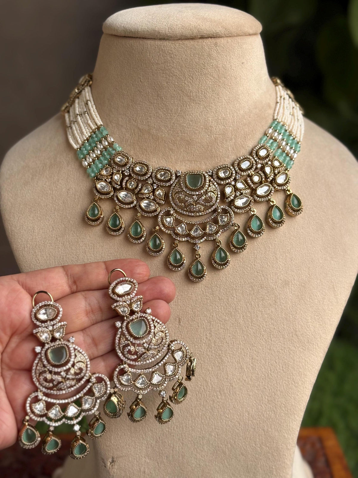 KASHMIRA mint colour Premium quality Moissanite and kundan Necklace set, Indian Pakistani wedding bridal jewelry,uncut polki festive jewelry