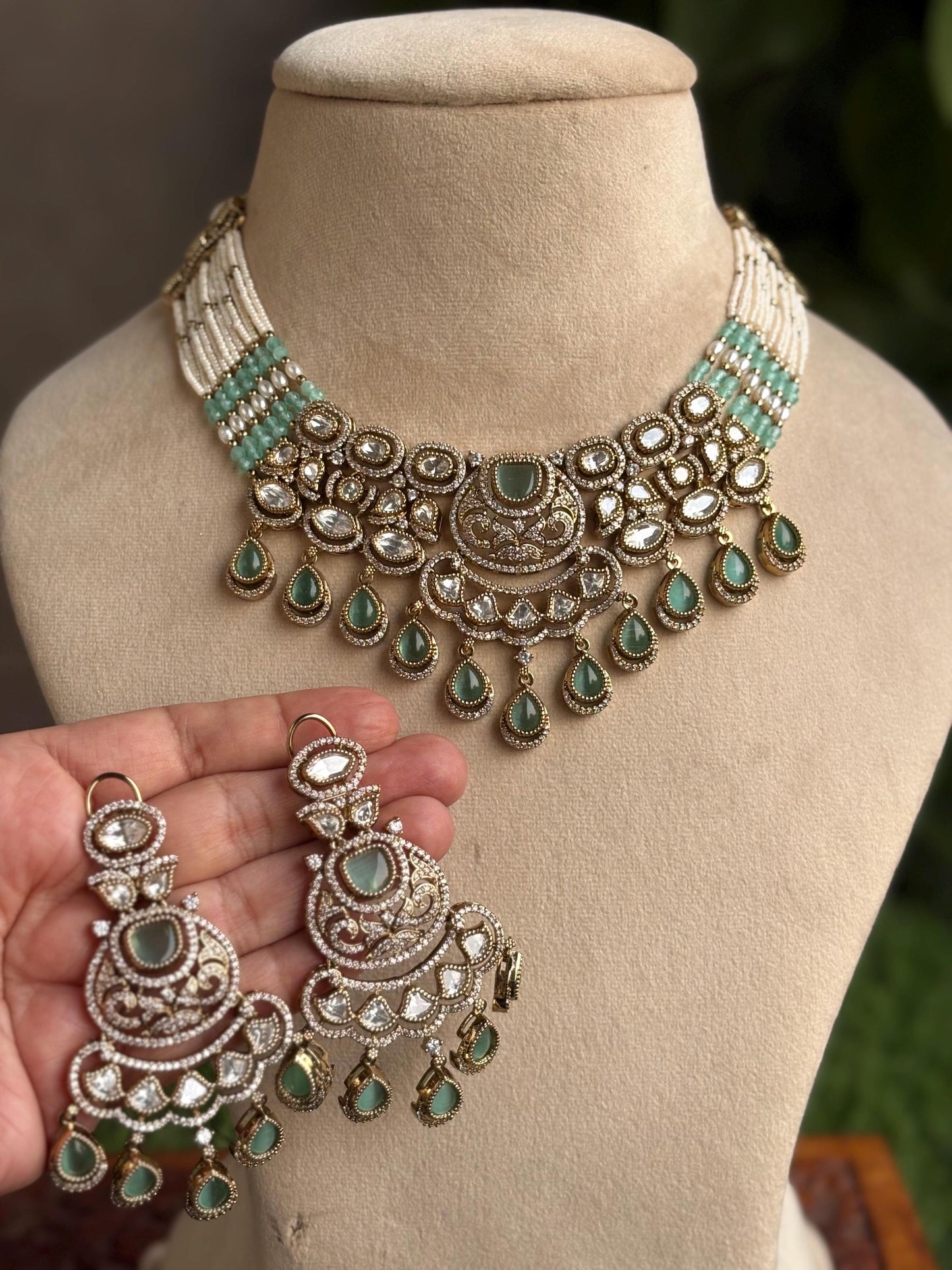 KASHMIRA mint colour Premium quality Moissanite and kundan Necklace set, Indian Pakistani wedding bridal jewelry,uncut polki festive jewelry