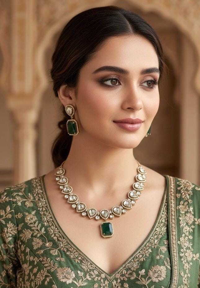 REEVA Emerald green Premium quality Moissanite and kundan zircon Necklace set ,indian Pakistani wedding bridal uncut diamond jewelry