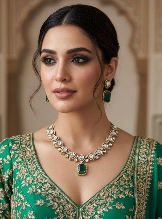 REEVA Emerald green Premium quality Moissanite and kundan zircon Necklace set ,indian Pakistani wedding bridal uncut diamond jewelry