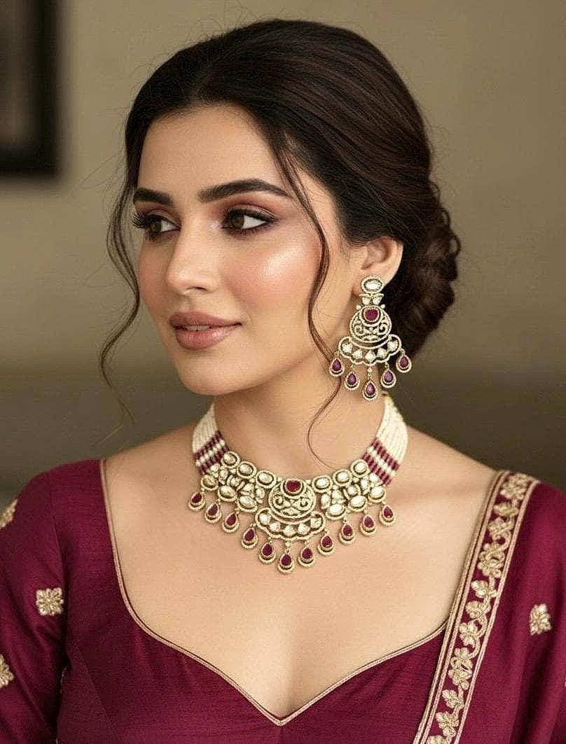 KASHMIRA Ruby colour Premium quality Moissanite and kundan Necklace set, Indian Pakistani wedding bridal jewelry,uncut polki festive jewelry