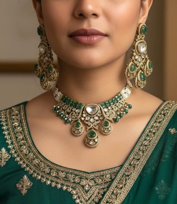 SITARA Emerald green Premium quality Moissanite and kundan Necklace set,Indian Pakistani wedding bridal jewelry, uncut polki festive jewelry