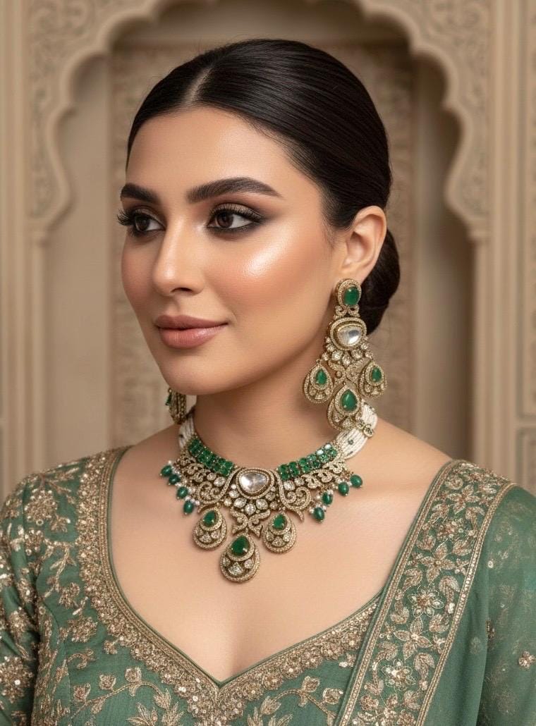 SITARA Emerald green Premium quality Moissanite and kundan Necklace set,Indian Pakistani wedding bridal jewelry, uncut polki festive jewelry