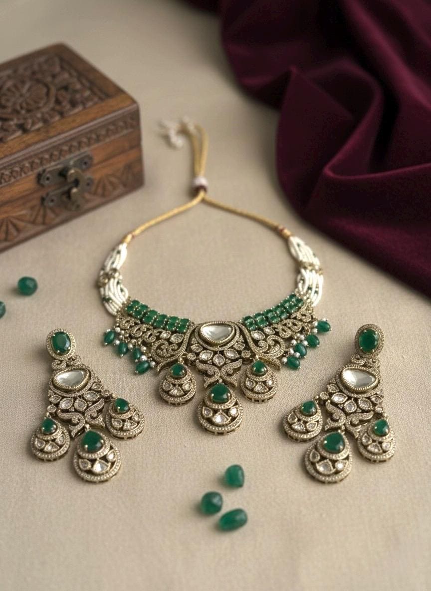 SITARA Emerald green Premium quality Moissanite and kundan Necklace set,Indian Pakistani wedding bridal jewelry, uncut polki festive jewelry