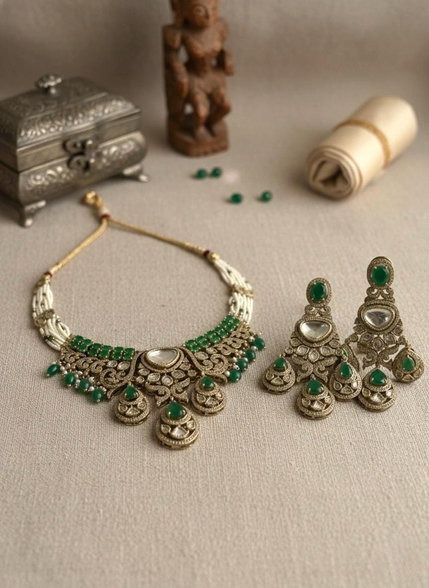 SITARA Emerald green Premium quality Moissanite and kundan Necklace set,Indian Pakistani wedding bridal jewelry, uncut polki festive jewelry