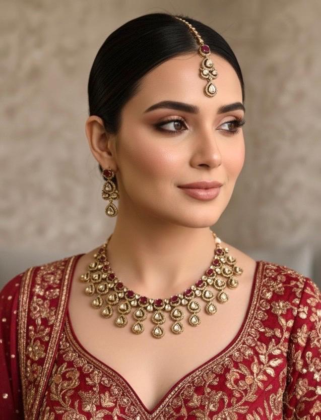 ARSHIA Ruby colour Premium quality Moissanite and kundan Necklace set, Indian Pakistani wedding bridal jewelry,maangtika included