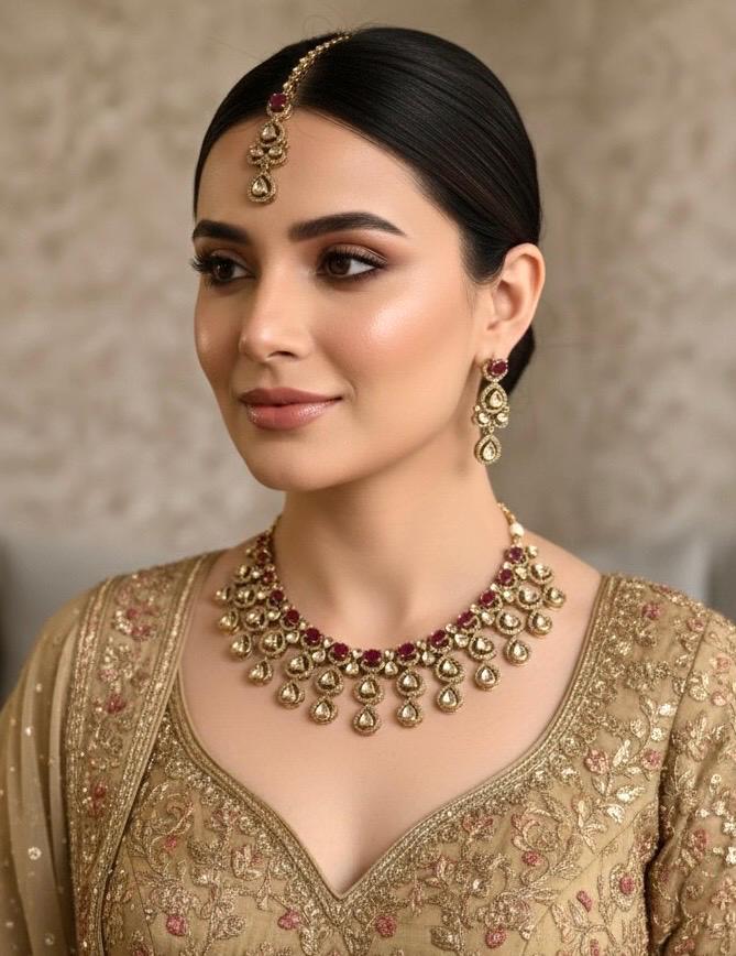ARSHIA Ruby colour Premium quality Moissanite and kundan Necklace set, Indian Pakistani wedding bridal jewelry,maangtika included