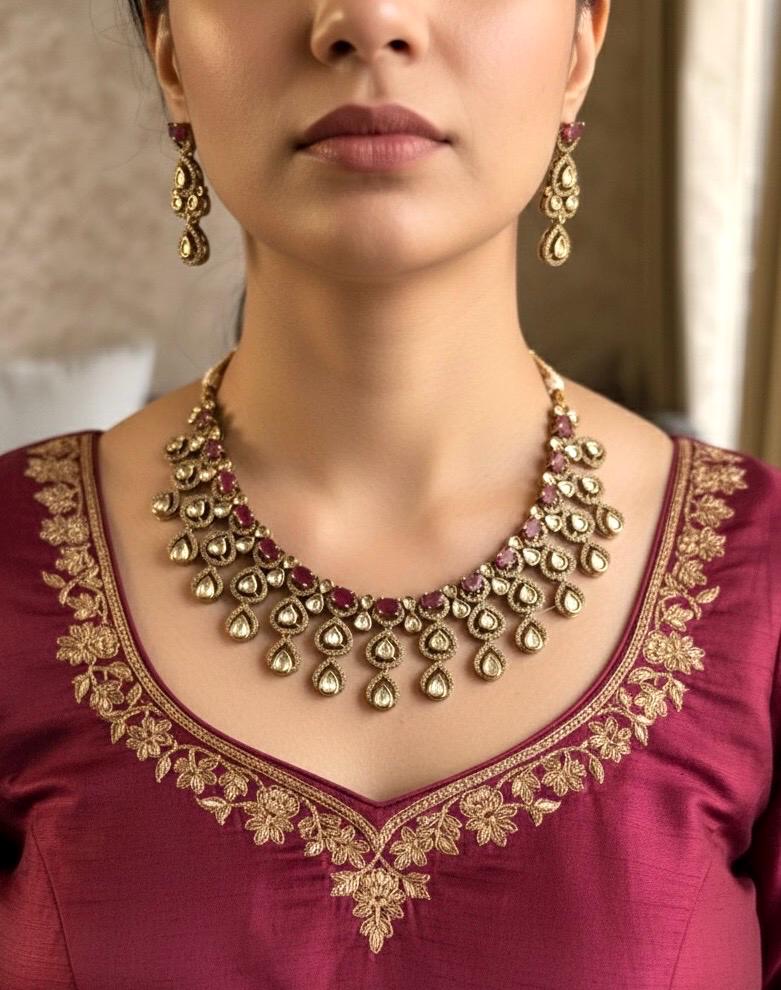 ARSHIA Ruby colour Premium quality Moissanite and kundan Necklace set, Indian Pakistani wedding bridal jewelry,maangtika included