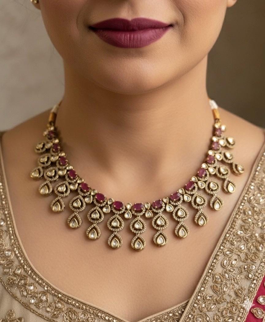 ARSHIA Ruby colour Premium quality Moissanite and kundan Necklace set, Indian Pakistani wedding bridal jewelry,maangtika included