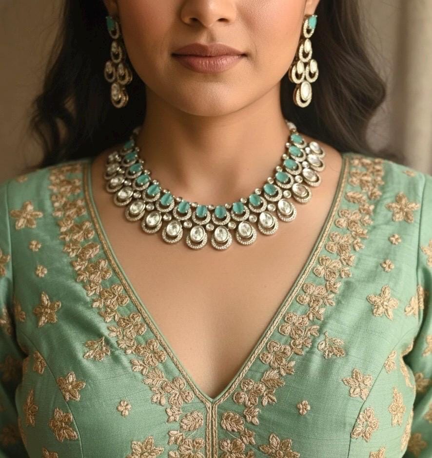MUGDHA Mint colour Premium quality Moissanite and kundan Necklace set ,indian Pakistani wedding jewelry, Victorian style mint green jewelry