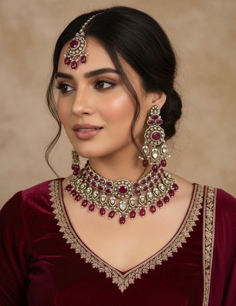 PARINAZ Ruby colour Premium quality Moissanite and kundan Necklace set, Indian Pakistani wedding bridal uncut polki jewelry with maangtika