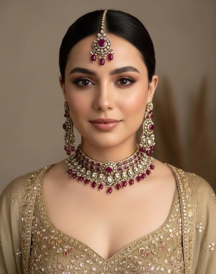PARINAZ Ruby colour Premium quality Moissanite and kundan Necklace set, Indian Pakistani wedding bridal uncut polki jewelry with maangtika