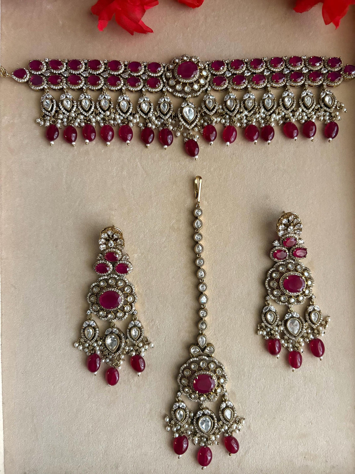 PARINAZ Ruby colour Premium quality Moissanite and kundan Necklace set, Indian Pakistani wedding bridal uncut polki jewelry with maangtika