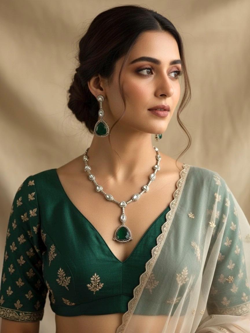 HIBA Emerald green doublet stone Necklace Set in Victorian Style