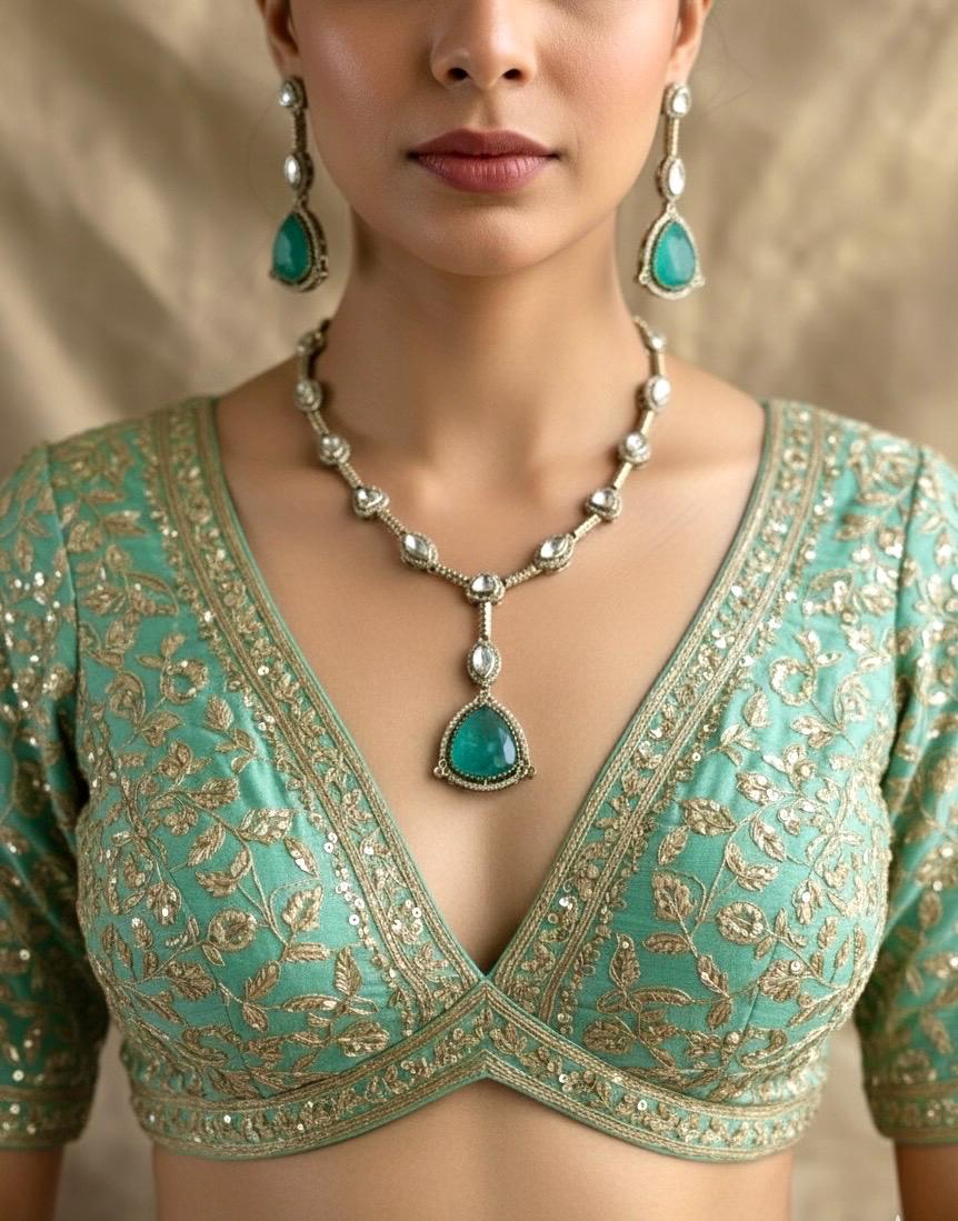 HIBA Mint green doublet stone Necklace Set in Victorian Style