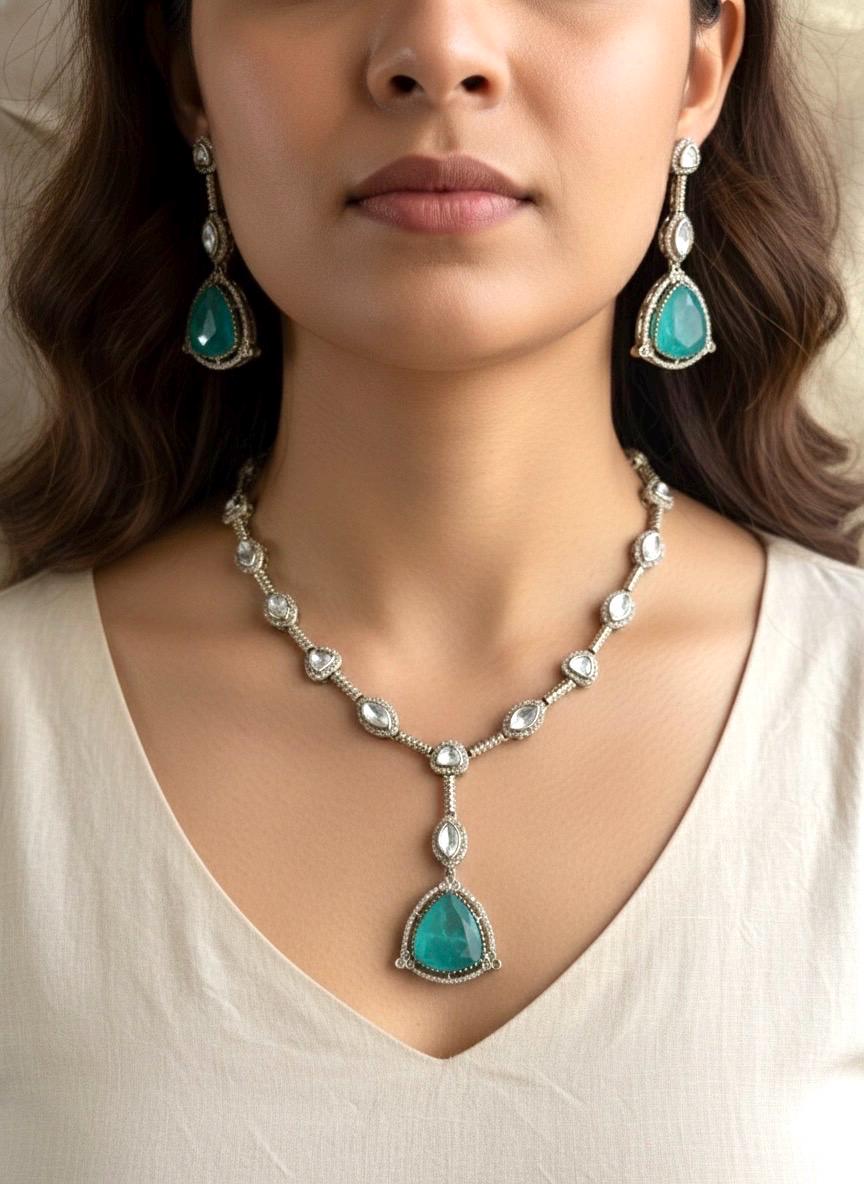 HIBA Mint green doublet stone Necklace Set in Victorian Style