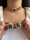 SABAA Emerald Green Doublet Stone kundan Choker with stud Earrings , emerald green sleek necklace set,Indian Pakistani bridal jewelry