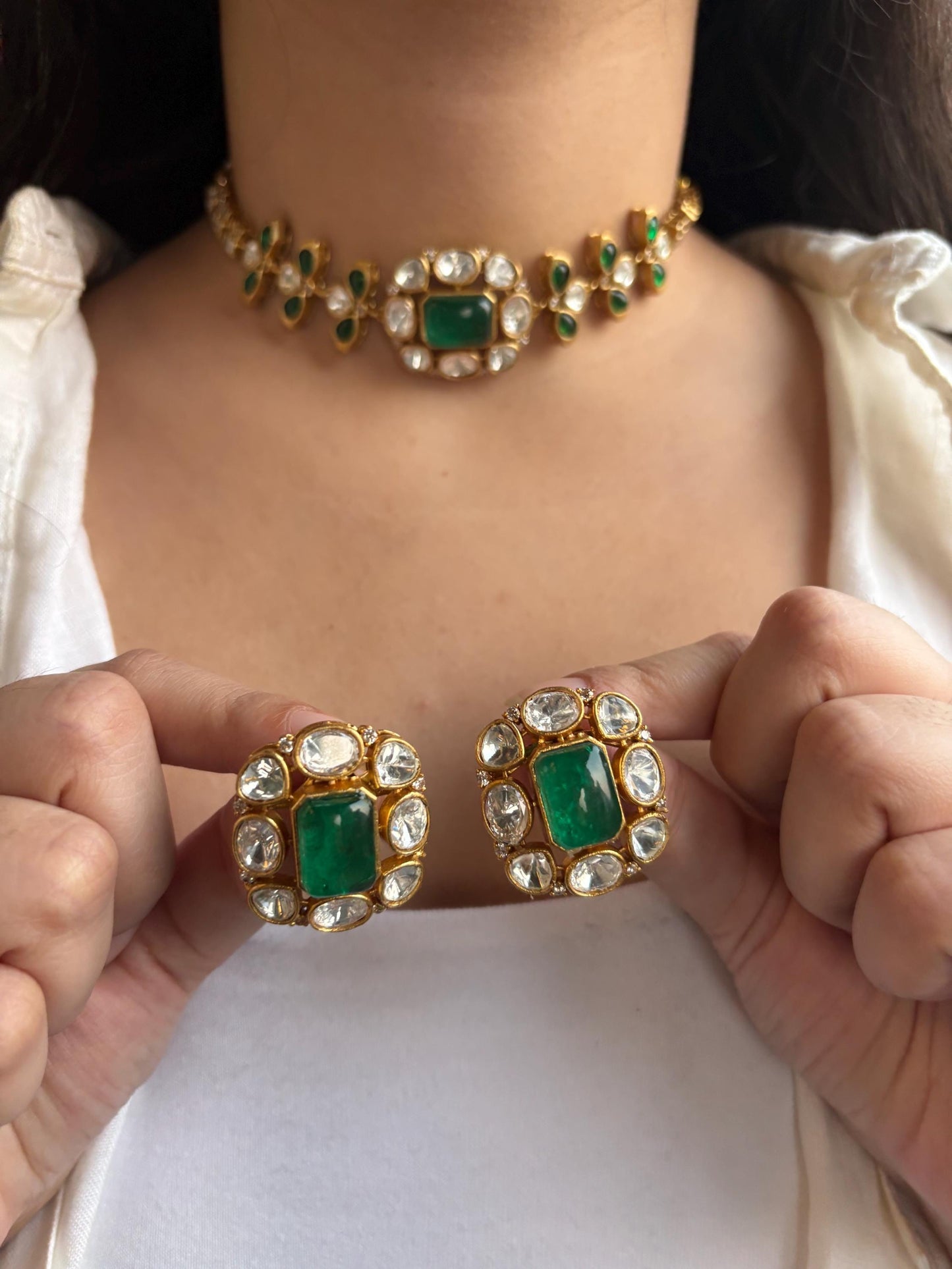 SABAA Emerald Green Doublet Stone kundan Choker with stud Earrings , emerald green sleek necklace set,Indian Pakistani bridal jewelry