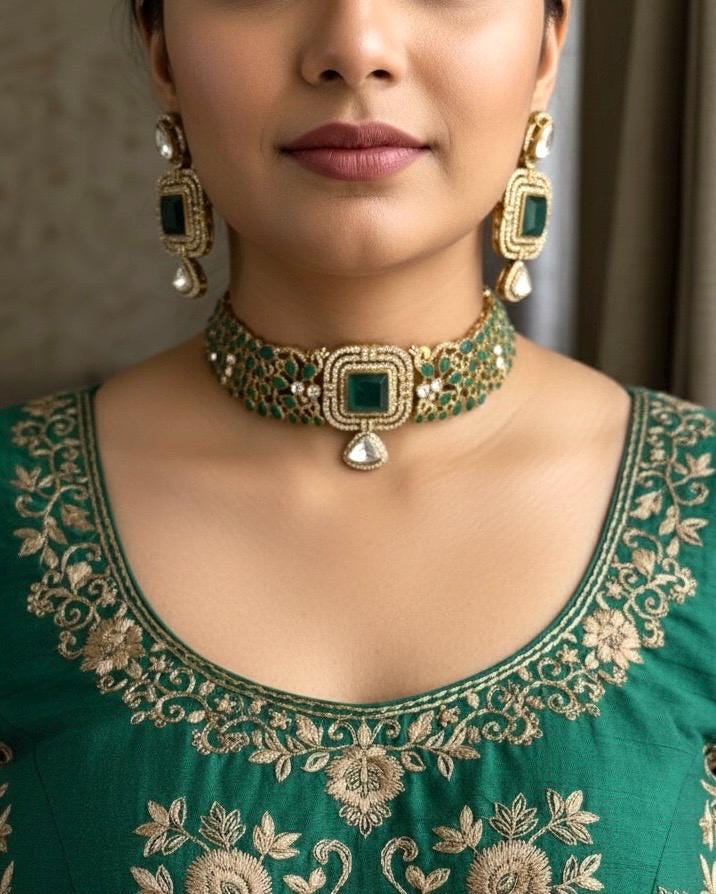 ZARINA Emerald green cz polki choker necklace set,Indian Pakistani green colour kundan wedding bridal jewelery