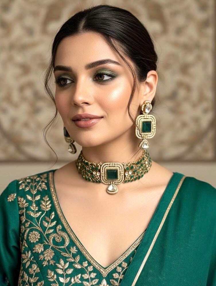 ZARINA Emerald green cz polki choker necklace set,Indian Pakistani green colour kundan wedding bridal jewelery