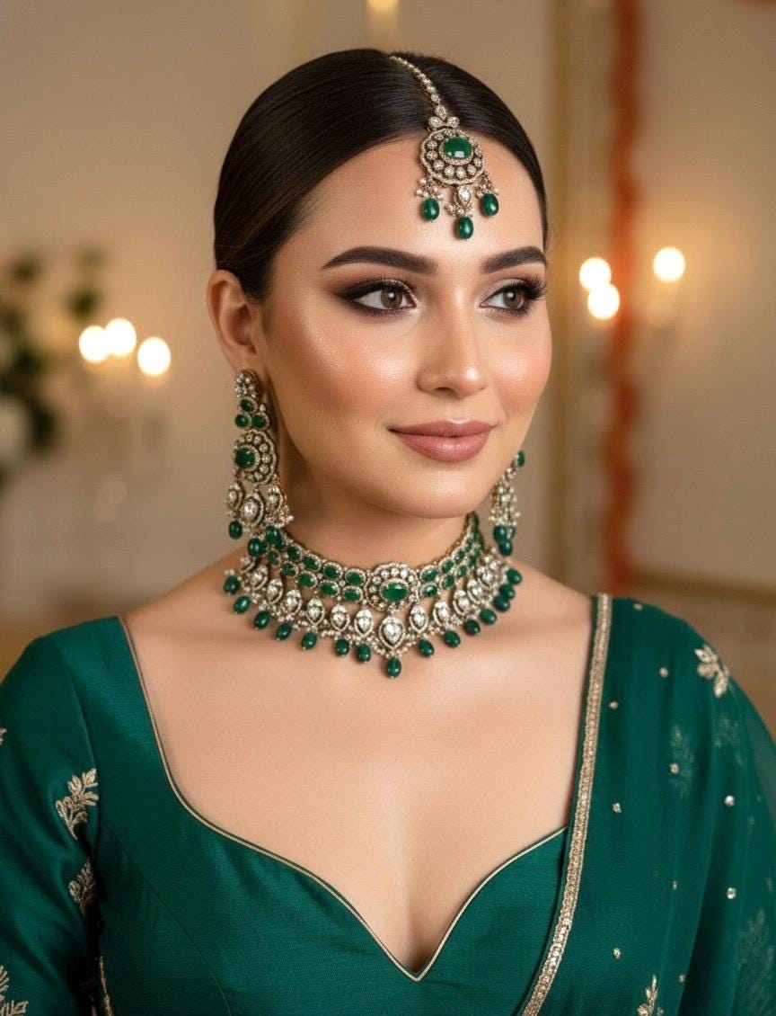 PARINAZ Emerald green Premium quality Moissanite and kundan Necklace set, Indian Pakistani wedding bridal uncut polki jewelry with maangtika