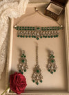 PARINAZ Emerald green Premium quality Moissanite and kundan Necklace set, Indian Pakistani wedding bridal uncut polki jewelry with maangtika