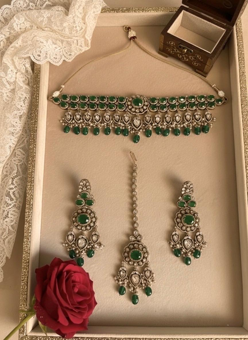 PARINAZ Emerald green Premium quality Moissanite and kundan Necklace set, Indian Pakistani wedding bridal uncut polki jewelry with maangtika
