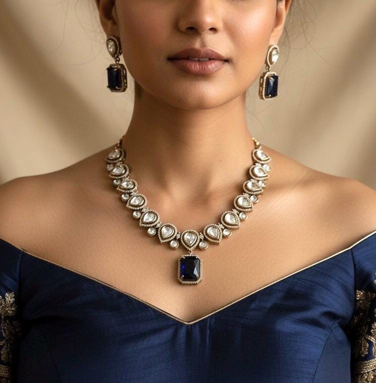 REEVA Dark blue Premium quality Moissanite and kundan cz Necklace set ,indian Pakistani wedding bridal jewelry in dark blue colour