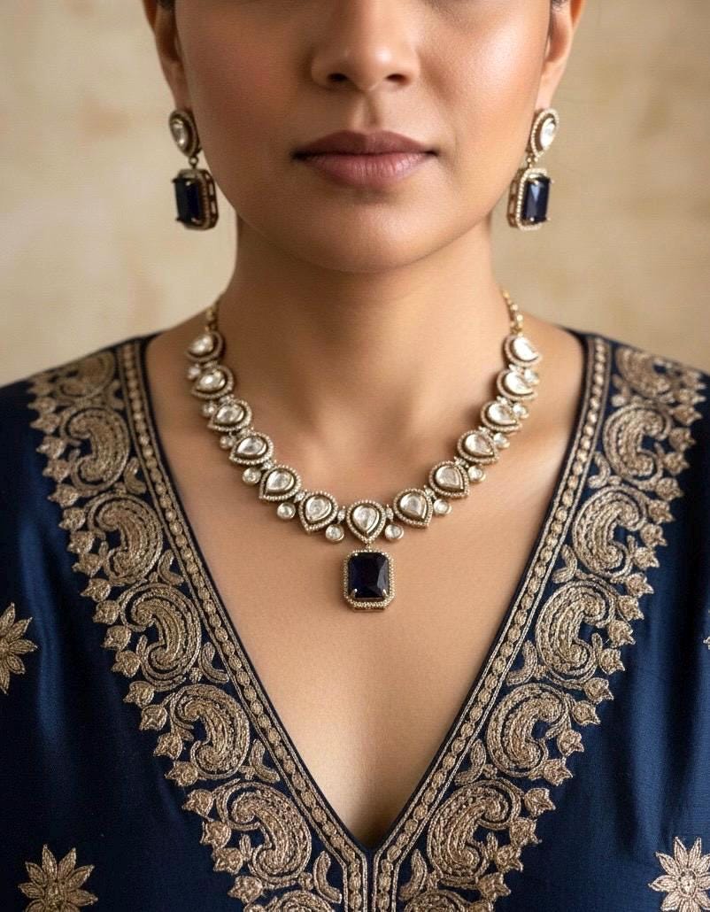 REEVA Dark blue Premium quality Moissanite and kundan cz Necklace set ,indian Pakistani wedding bridal jewelry in dark blue colour