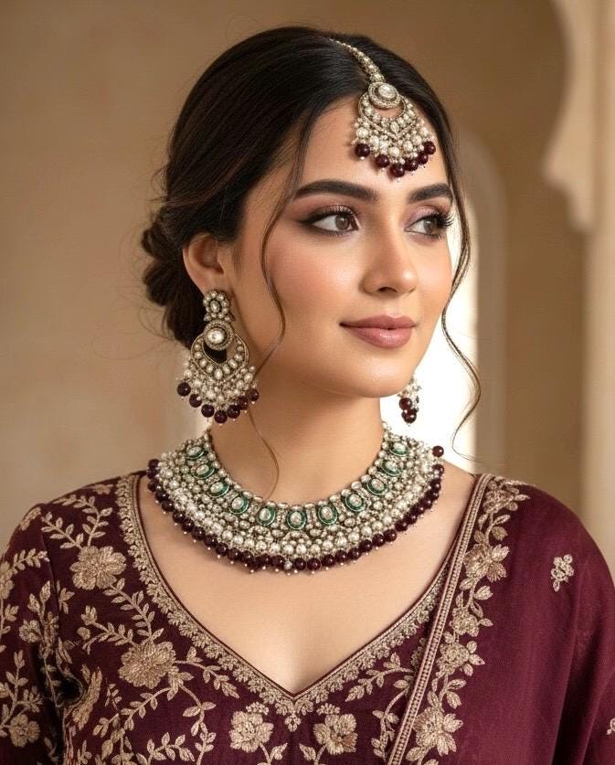 JESMINA Maroon cz kundan and zircon  Necklace set, maangtika included, Indian Pakistani wedding bridal jewelry
