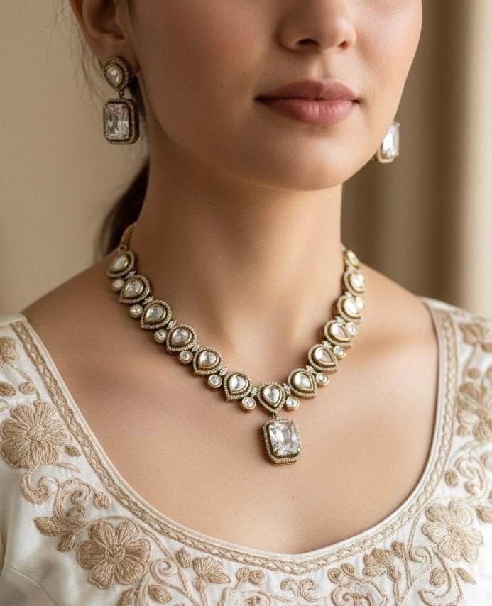 REEVA Clear stones Premium quality Moissanite and kundan cz Necklace set ,indian Pakistani wedding bridal colourless jewelry