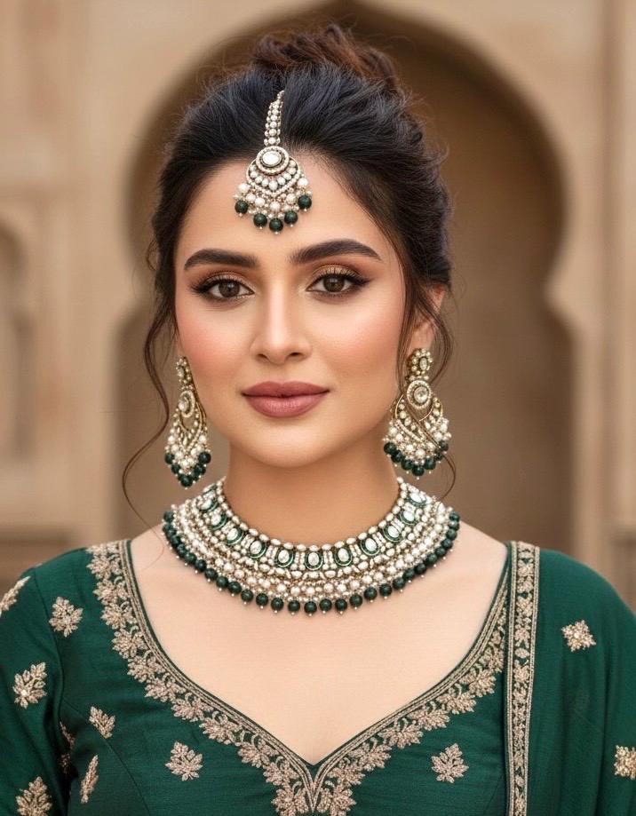 JESMINA Green cz kundan and zircon  Necklace set, maangtika included, Indian Pakistani wedding bridal jewelry