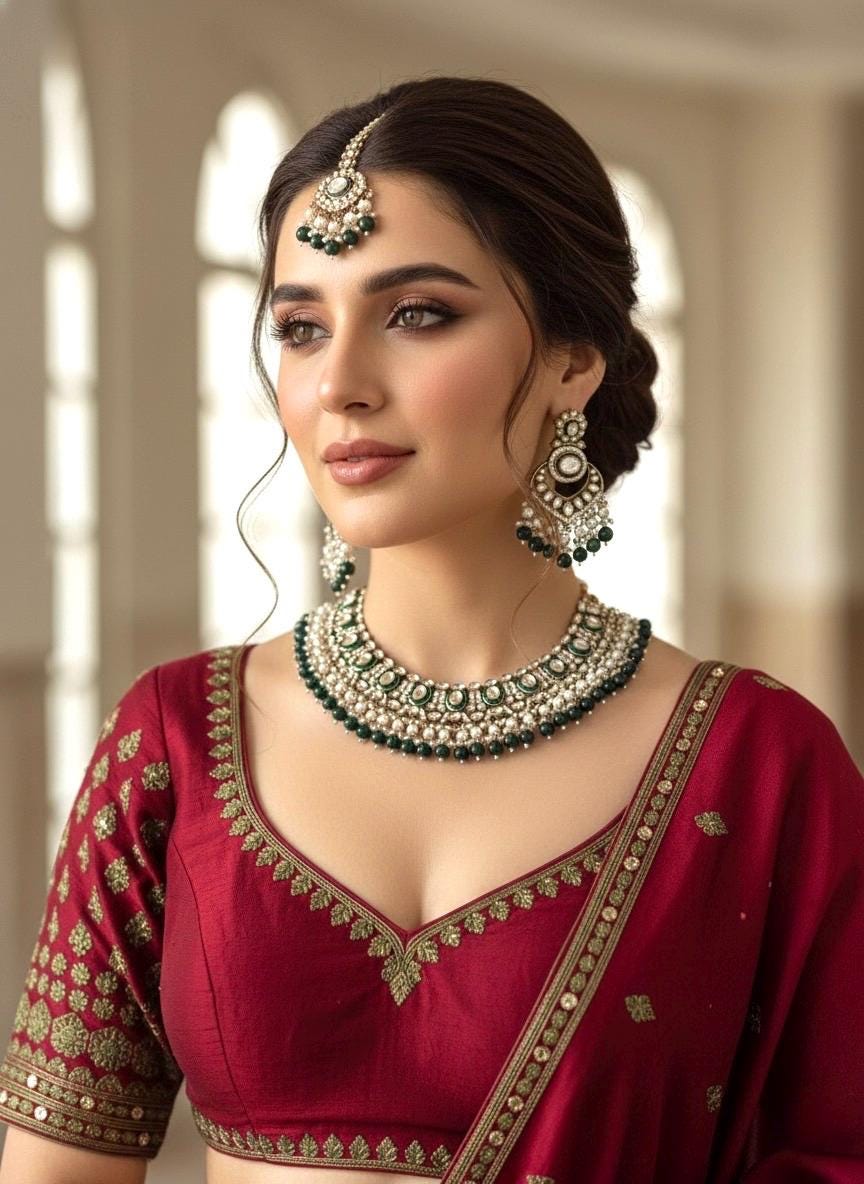 JESMINA Green cz kundan and zircon  Necklace set, maangtika included, Indian Pakistani wedding bridal jewelry
