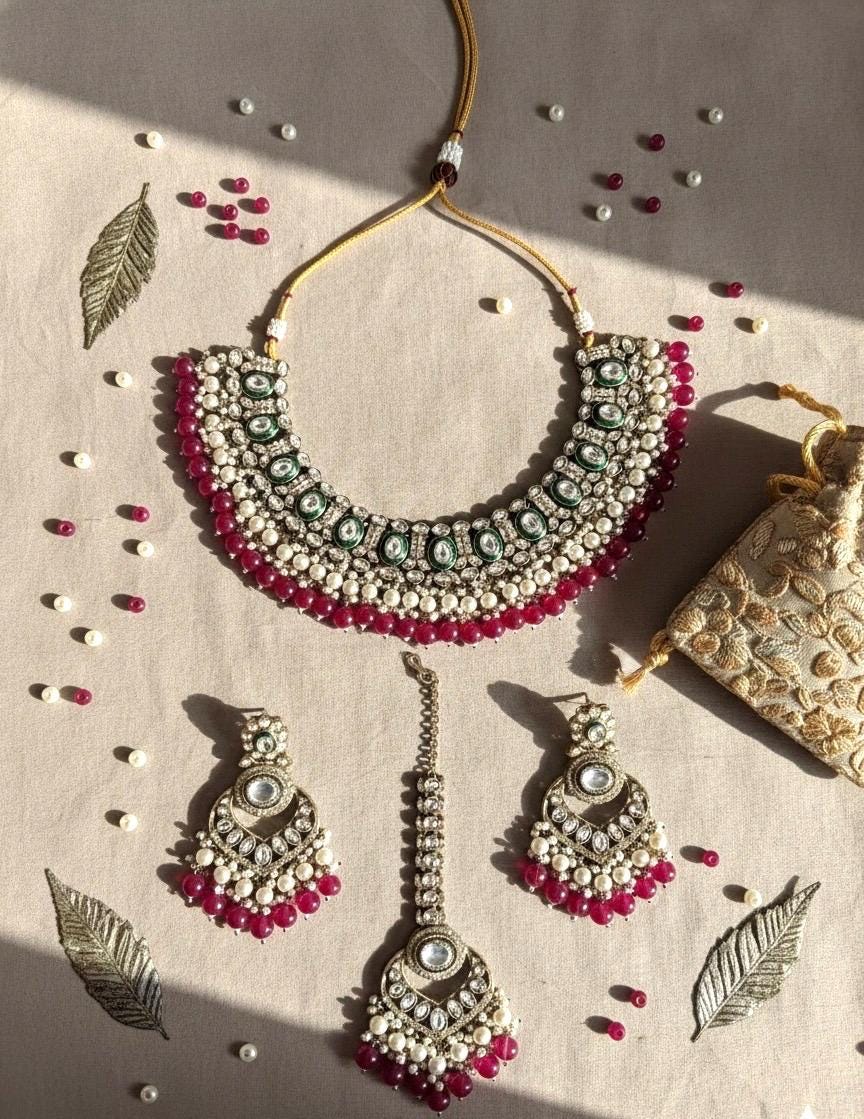 JESMINA Rani pink cz kundan and zircon  Necklace set, maangtika included,Fuchsia Indian Pakistani wedding bridal jewelry